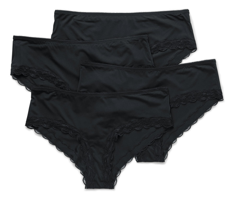 Quatre culottes noires pour femmes avec bordure en dentelle sont superposées sur un fond blanc.