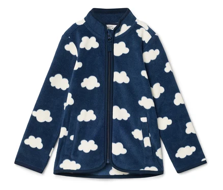 Une veste polaire bleu marine à fermeture éclair intégrale avec un motif de nuages.