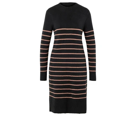 Une robe en tricot rayée noire avec des rayures horizontales roses.