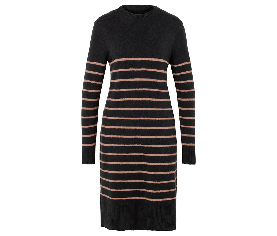 Une robe en tricot rayée noire avec des rayures horizontales roses.