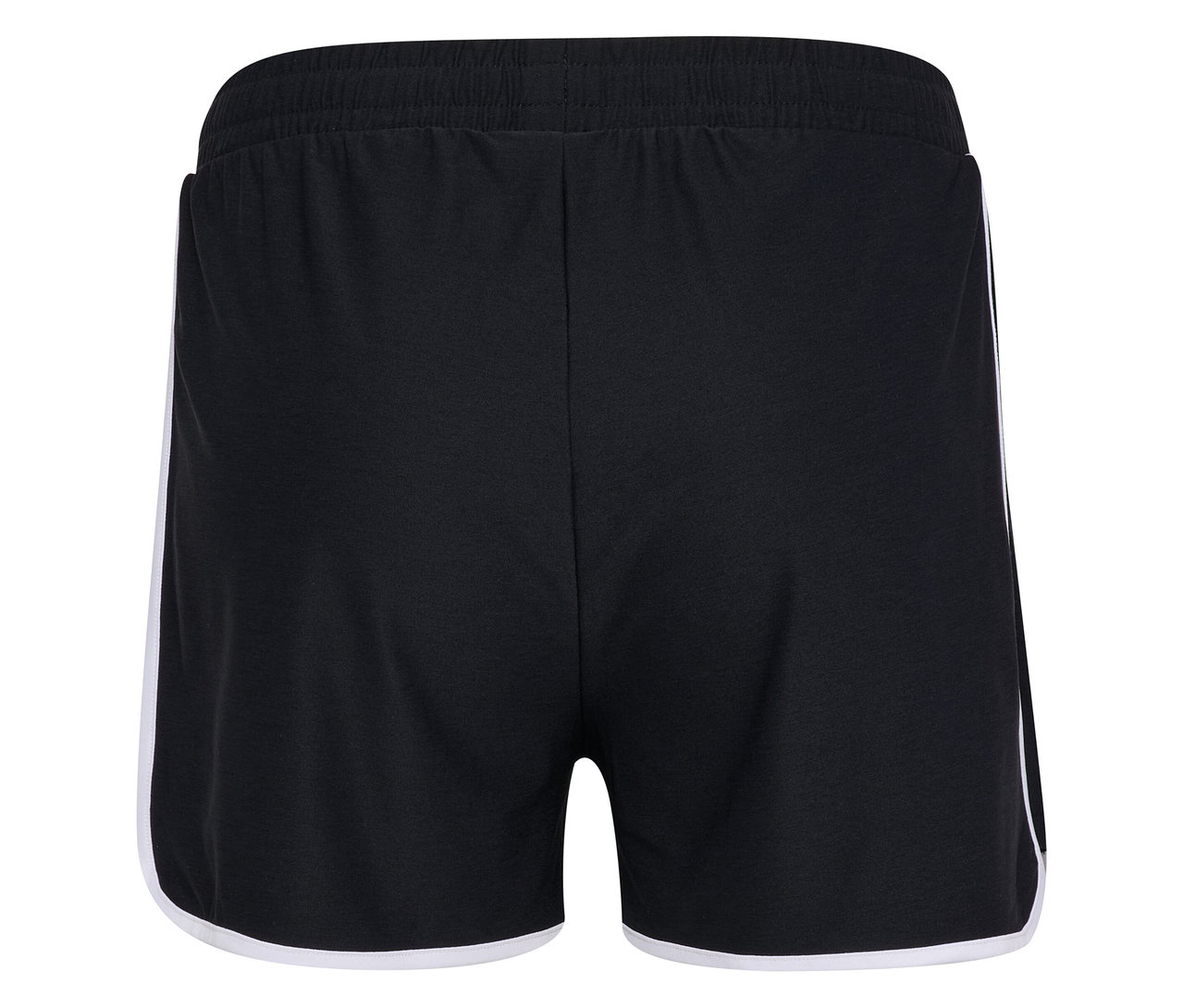 Gros plan sur l'arrière du short HUMMEL pour femme noir avec des rayures blanches sur les côtés.
