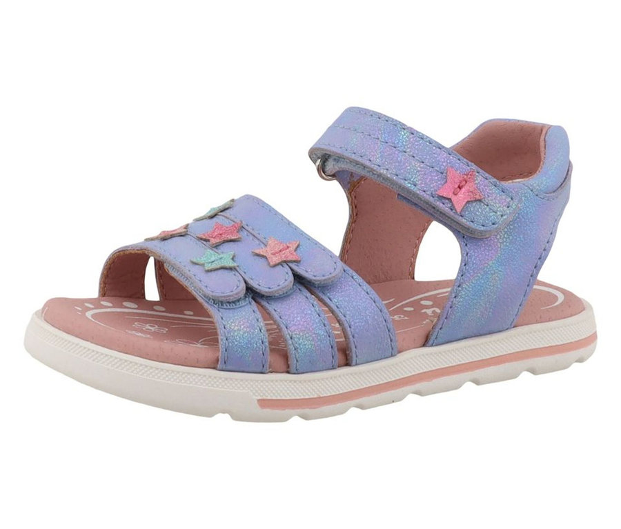 Une sandale fille LURCHI Carin unique, bleu irisé avec des étoiles roses sur les brides, une semelle intérieure rose et une semelle blanche.