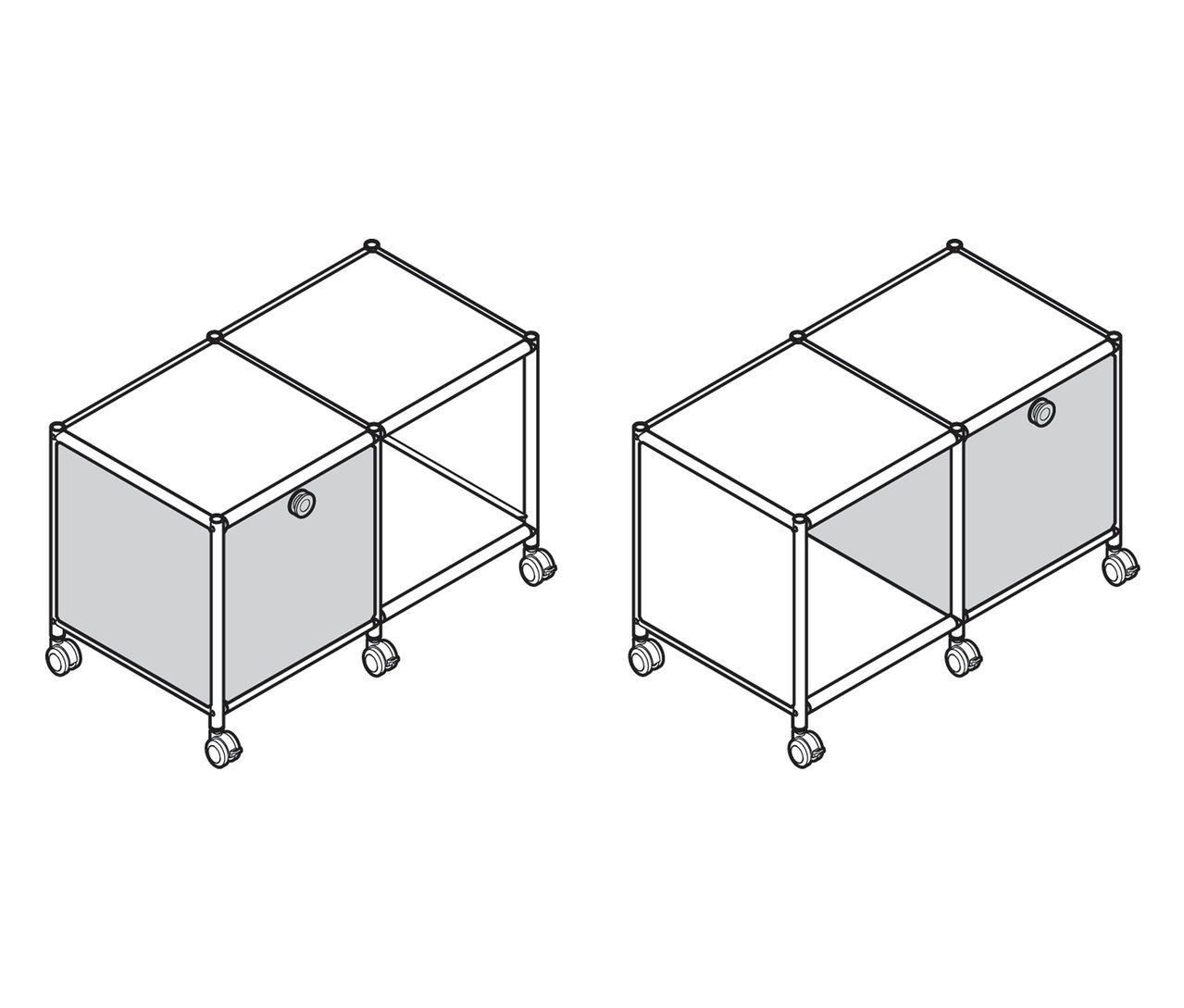 Deux tables d’appoint métalliques « CN3 » avec 1 abattant et roulettes, une blanche et une grise.