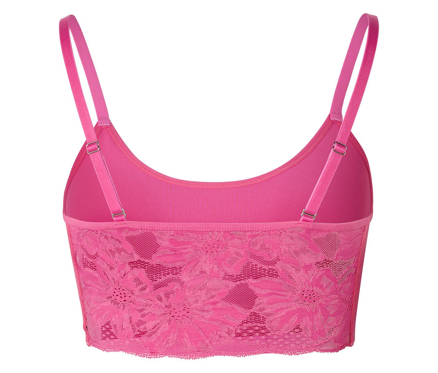 Vue arrière d'une brassière en dentelle rose avec des bretelles réglables.