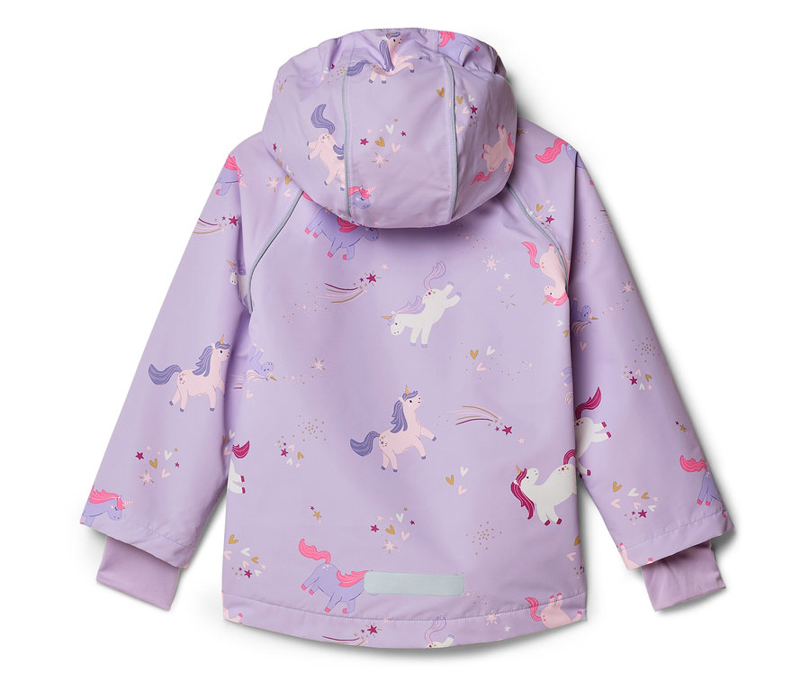 Vue arrière d'une veste pour enfant violette à capuche, imprimée de licornes, d'étoiles et de cœurs.
