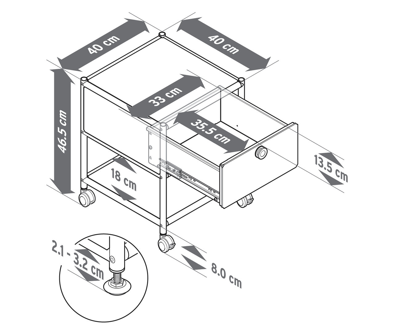Vue de dessus d'une table d'appoint en métal « CN3 » avec un tiroir et les dimensions visibles.