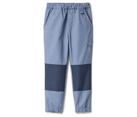 Pantalon bleu clair avec empiècement bleu marine sur la jambe et taille élastique.
