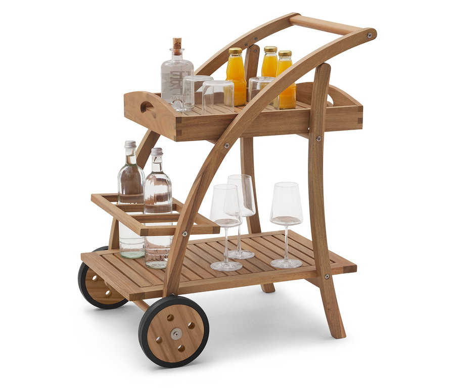 Chariot bar avec plateau amovible avec boissons et verres sur deux niveaux.