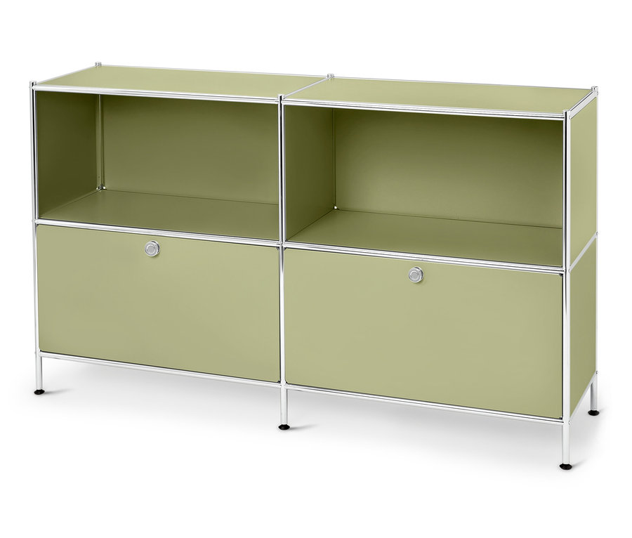 Armoire verte avec cadre chromé et deux étagères ouvertes au-dessus de deux tiroirs.