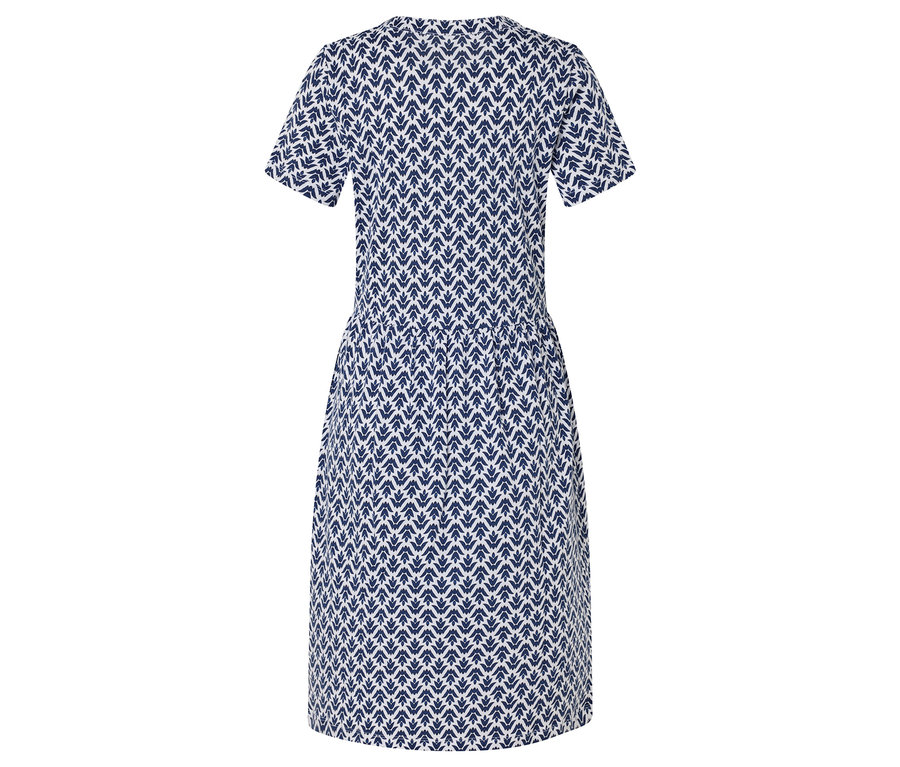 Vue arrière d'une robe à manches courtes avec un motif bleu et blanc.