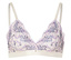 Un soutien-gorge blanc avec un motif floral violet et des bretelles claires repose sur un fond blanc.