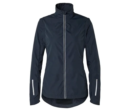 Veste bleu marine avec fermeture éclair intégrale et détails réfléchissants.