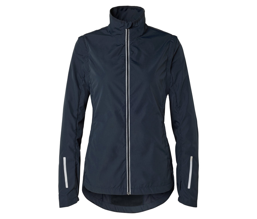 Veste bleu marine avec fermeture éclair intégrale et détails réfléchissants.