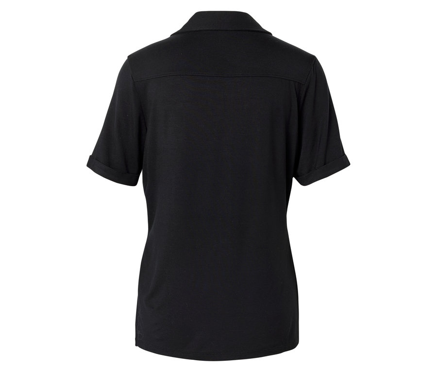 Vue arrière d'un polo noir à manches courtes et col.