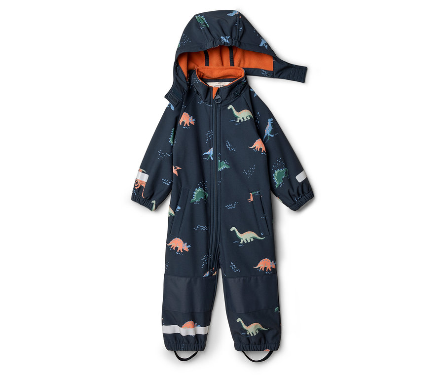 Combinaison de pluie bleu marine à capuche avec motif dinosaures, doublure orange et fermeture éclair sur le devant.