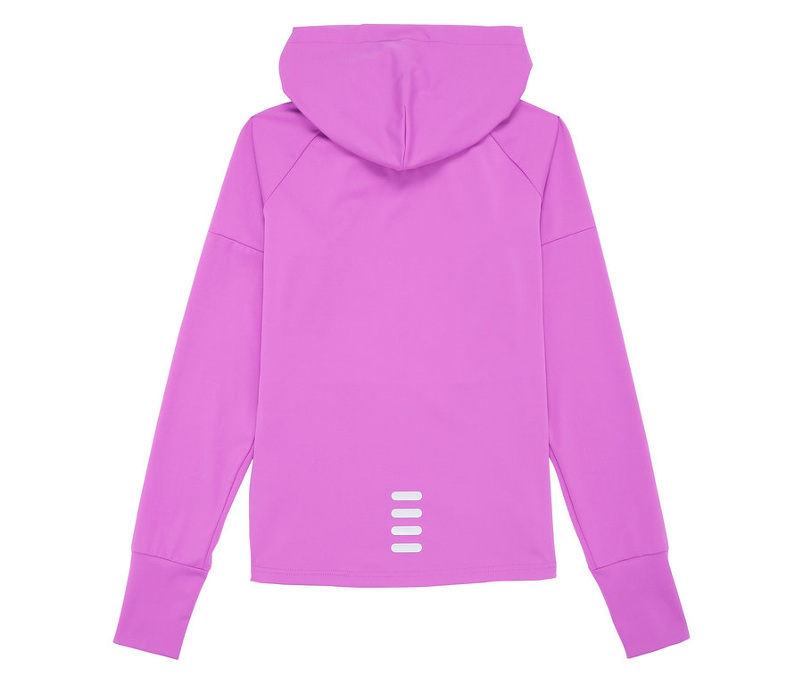 Vue arrière d'une veste fonctionnelle FILA pour femmes violette avec capuche et manches longues.
