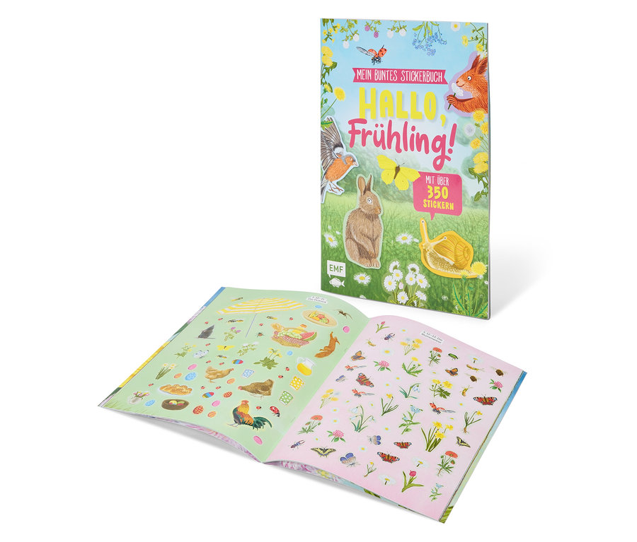 Livre d'autocollants ouvert avec des motifs d'animaux, à côté duquel se trouve un autre livre d'autocollants fermé.