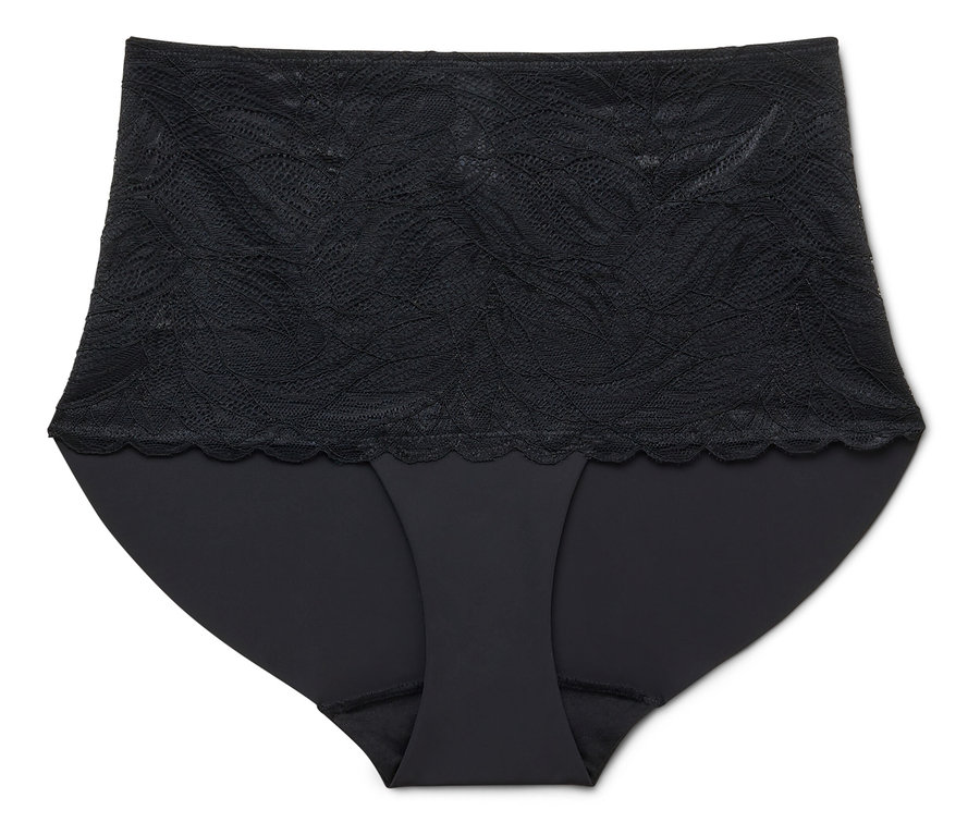 Culotte noire taille haute en dentelle pour femme sur fond blanc.