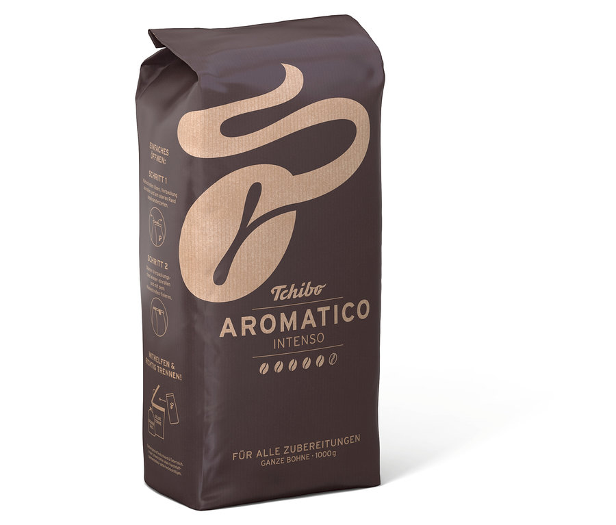 Un paquet marron de café Aromatico Intenso en grains – 1 kg est debout.