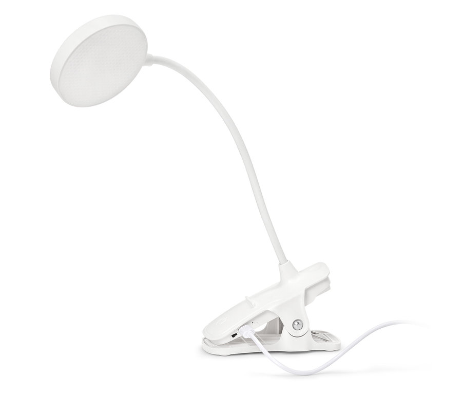 Une lampe à pince blanche avec une tête ronde et un bras flexible se dresse sur un fond blanc.