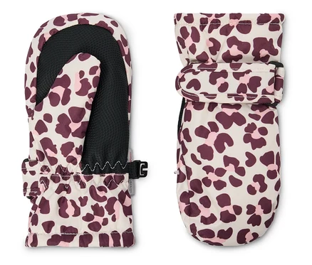 Deux moufles à motif léopard rose et marron sur fond beige. La moufle gauche montre la paume avec une zone de préhension noire, et la moufle droite le dos avec une sangle ajustable.