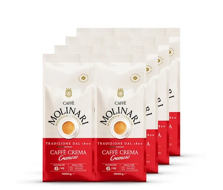 Cinq paquets de Caffè Molinari Caffè Crema Cremoso en grains - 8x 1 kg.