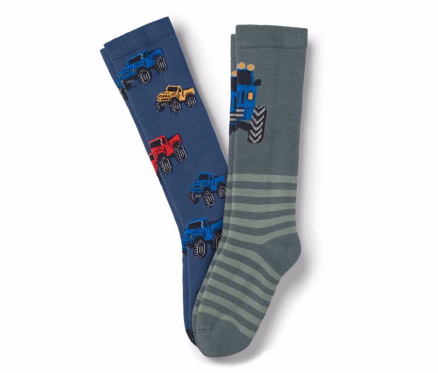 Deux paires de chaussettes pour bottes en caoutchouc pour enfants, motif camions.