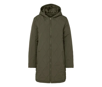 Manteau matelassé vert olive avec capuche et fermeture éclair au centre.