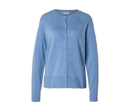 Cardigan bleu clair à col rond, manches raglan longues, poignets et ourlet côtelés, et fermeture boutonnée.