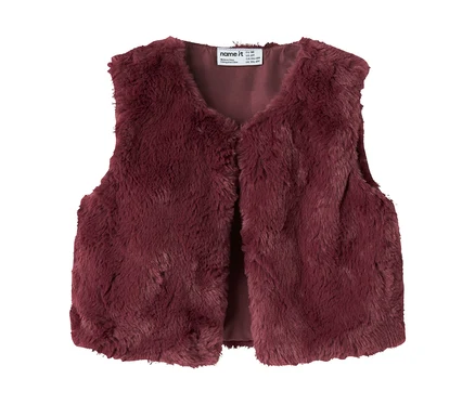 Gilet en fausse fourrure rouge foncé avec col en V, présenté à plat et ouvert sur le devant.