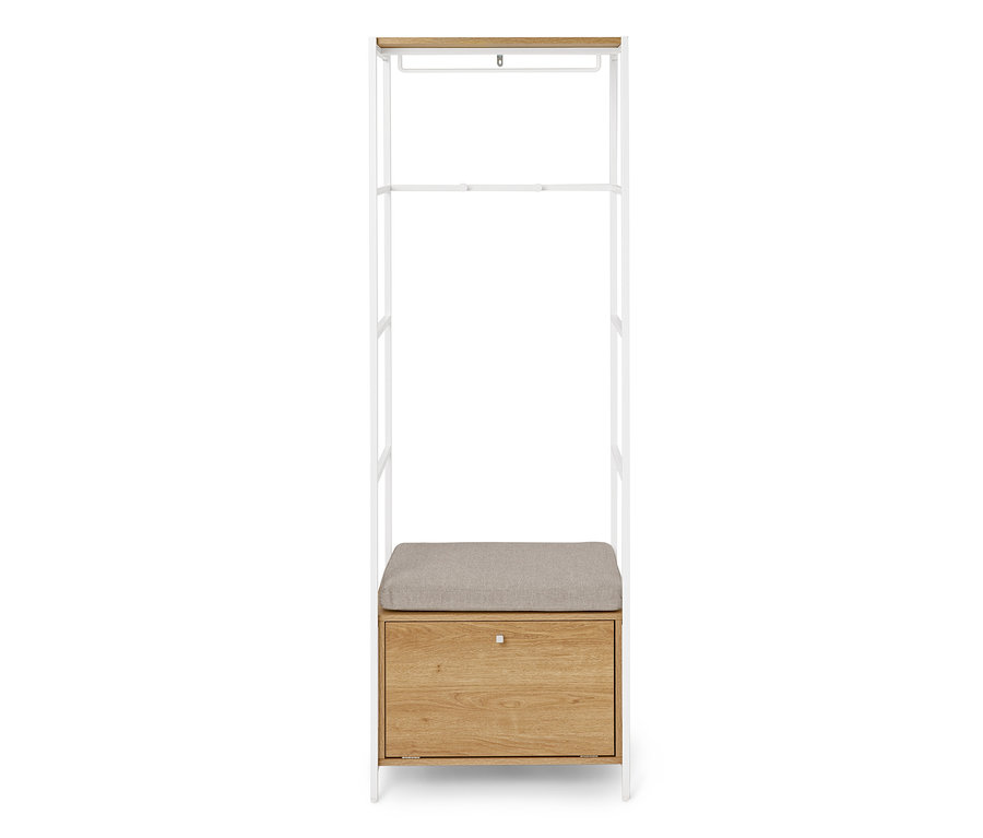 Porte-manteau avec banc et tiroir en bois clair et métal blanc.