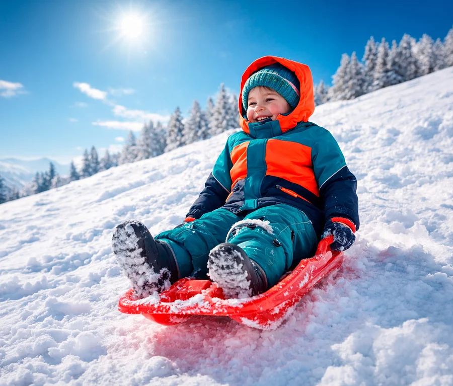 Un enfant souriant sur une luge rouge, portant une Veste d’hiver robuste pour enfant JAKO-O bleu et orange, un pantalon bleu et un bonnet bleu, sur une colline enneigée.