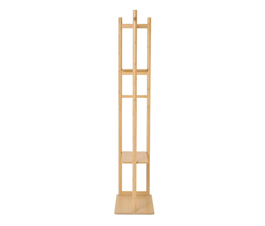 Porte-manteau autoportant en bois clair avec une base carrée et une étagère.