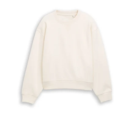 Sweat-shirt col rond de couleur crème avec manches longues, poignets et ourlet côtelés, posé à plat sur un fond blanc.