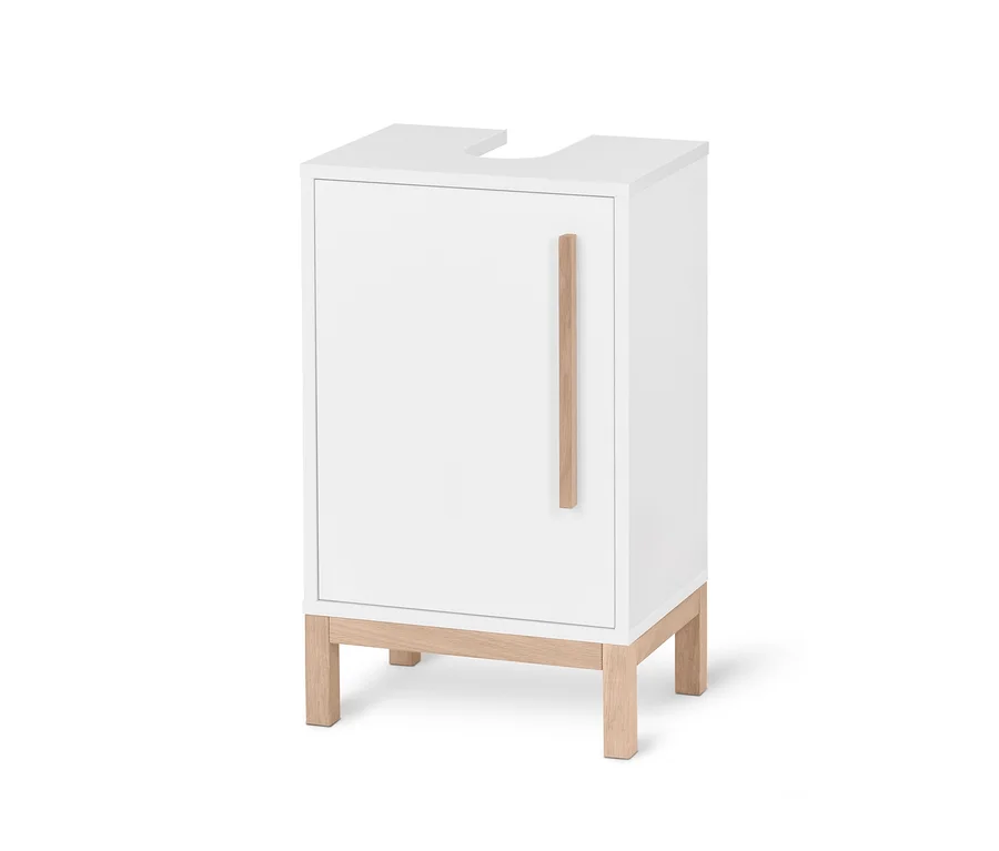Petite armoire sous lavabo «Eklund» blanche avec poignée et pieds en bois.