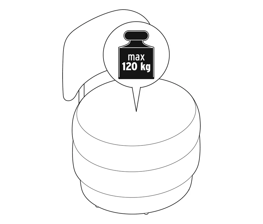 Fauteuil avec une bulle de dialogue indiquant un poids maximum de 120 kg.
