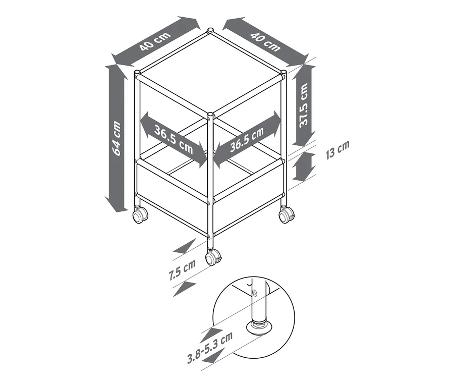 Dessin au trait d'un chariot de service métallique à deux niveaux, 64 cm de haut, 40 cm de large, 40 cm de profondeur, avec étagères de 36,5x36,5 cm, roues de 7,5 cm et pieds réglables de 3,8-5,3 cm.