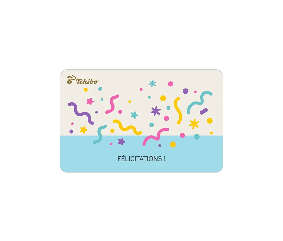 Carte cadeau avec le logo Tchibo, des confettis colorés et le texte « FÉLICITATIONS ! » sur fond bleu clair.