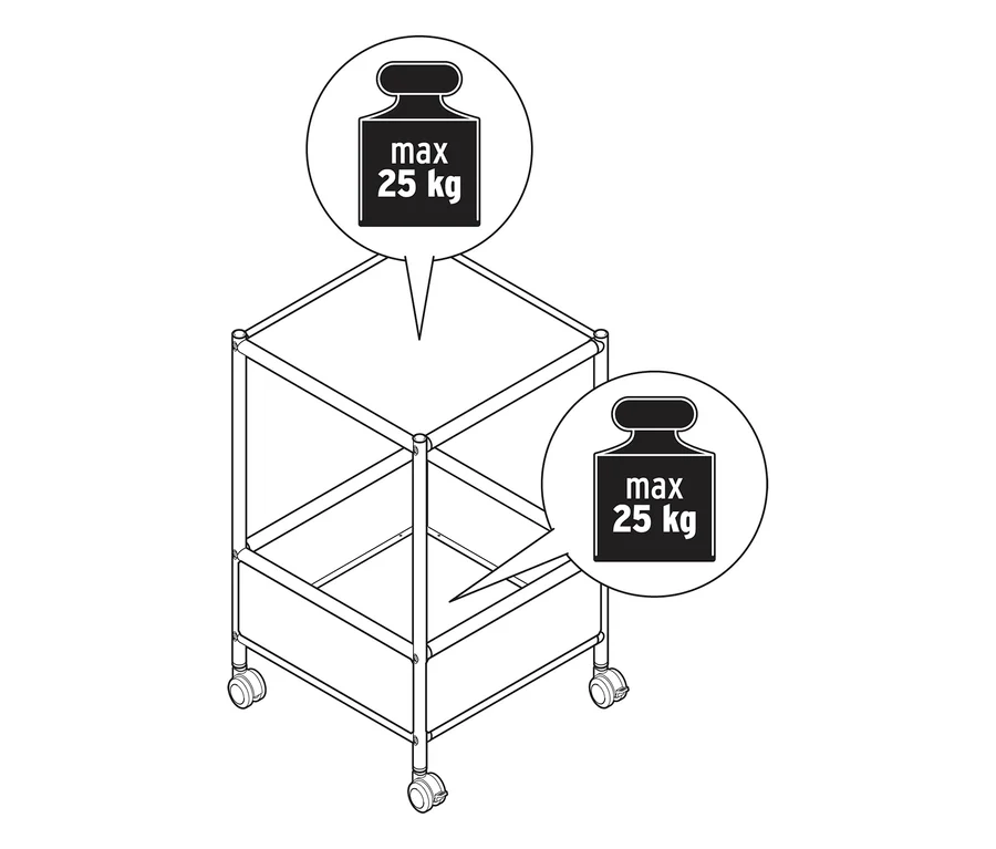 Dessin technique d'une table roulante en métal à deux niveaux, modèle CN3, indiquant une charge maximale de 25 kg par étagère.