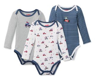 Bleu et blanc à rayures avec motif voiture, blanc avec motif à voitures intégral et gris chiné avec motif voiture