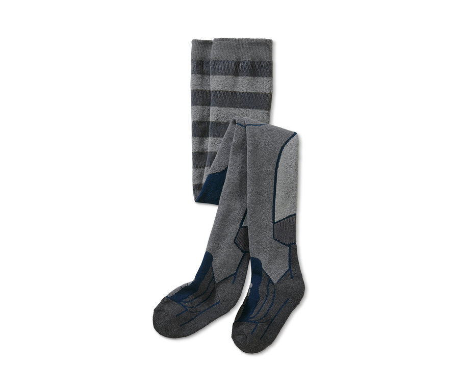 Collant de ski gris avec rayures et motif sur le pied.