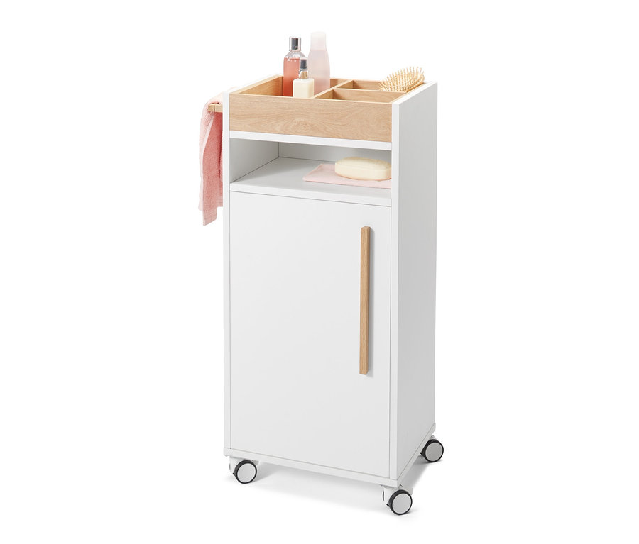 Chariot d’appoint pour salle de bains «Eklund» blanc avec roulettes, serviette et accessoires de salle de bain.