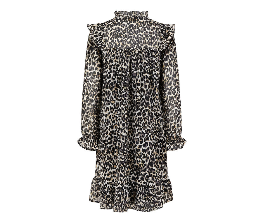 Vue arrière d'une robe à imprimé intégral avec un col à volants et des manches longues.