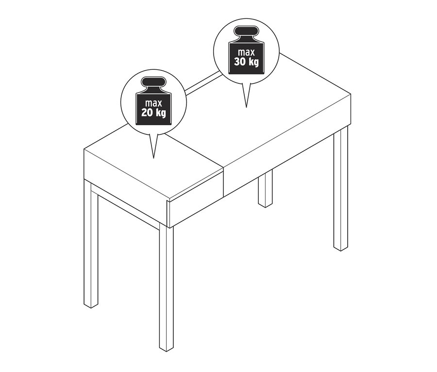Illustration d'un bureau-console, avec plateau relevable, avec une capacité de poids maximale de 20 kg d'un côté et de 30 kg de l'autre.