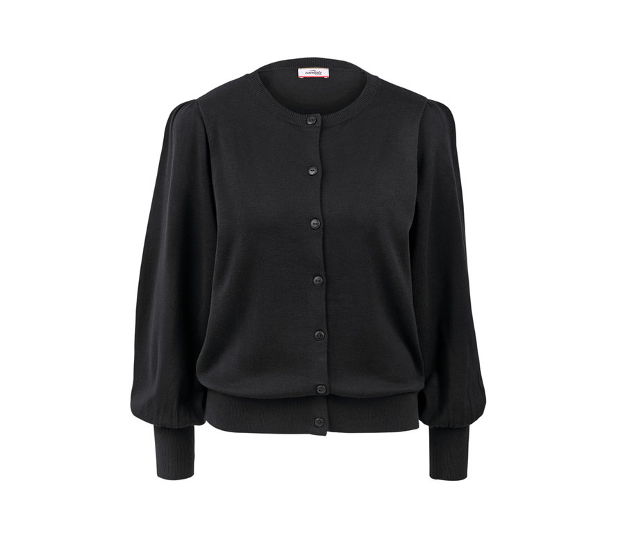 Jaquette en maille fine noire avec manches bouffantes.