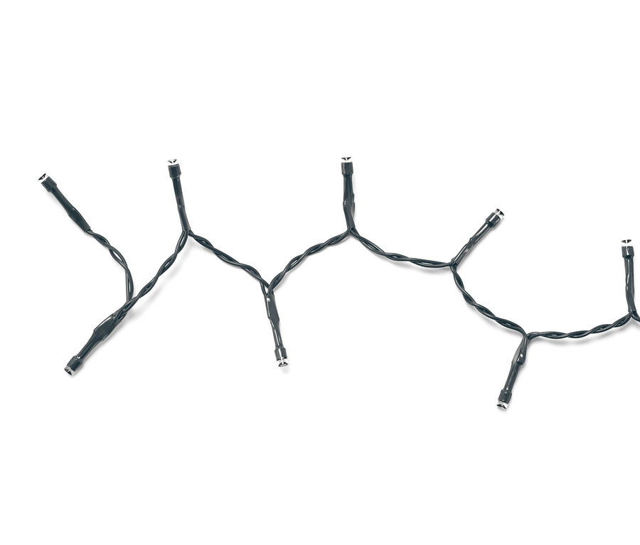 Guirlande lumineuse LED noire pour sapin de Noël sur fond blanc.