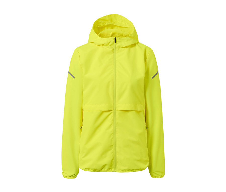 Veste de course jaune fluo coupe-vent à capuche.
