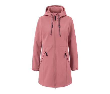 Manteau softshell rose avec capuche, fermeture éclair et poches.