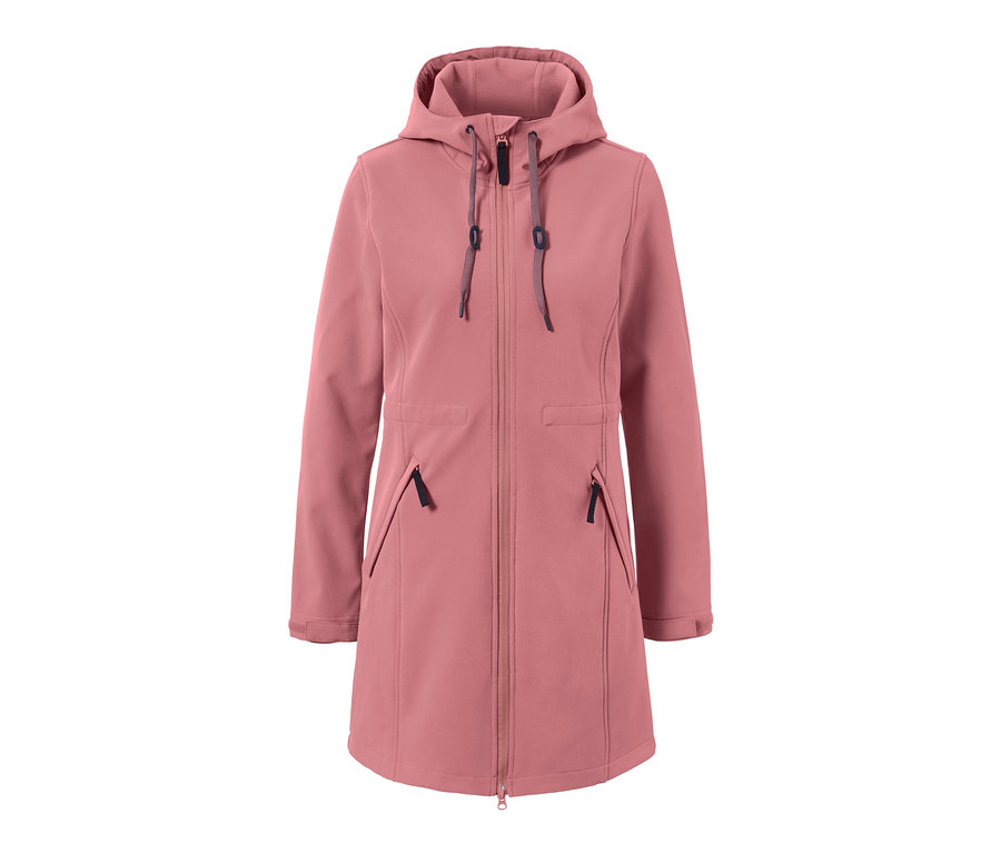 Manteau softshell rose avec capuche, fermeture éclair et poches.