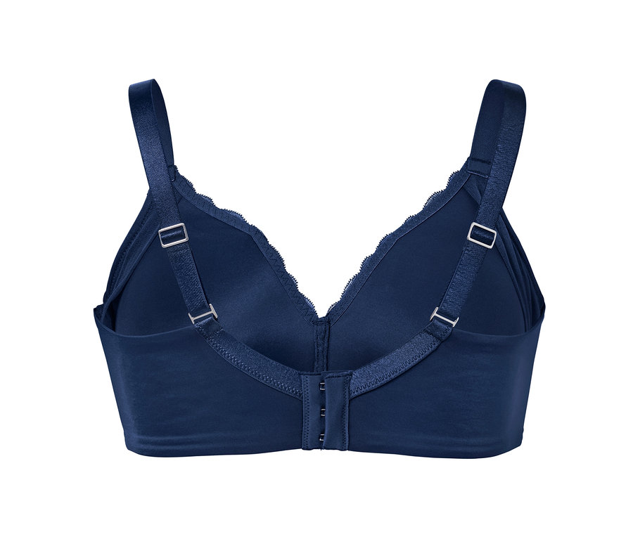 Vue détaillée de l'arrière d'un soutien-gorge souple bleu foncé.